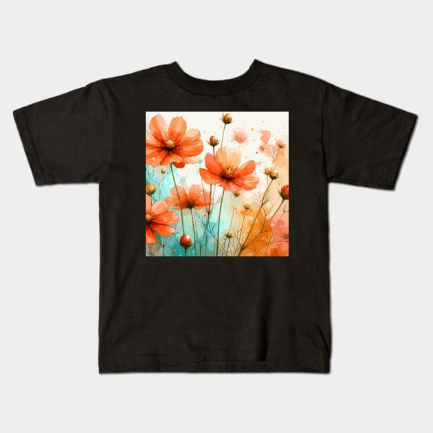 Orange Cosmos Flowers Pattern Kids T-Shirt by Jenni Arts